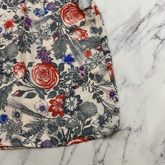 Modcloth Retro High Neck Blouse Top Size M Gray Red Floral Cap Sleeve Ruffle - Picture 9 of 10